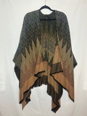 Chevron Open Front Knit Poncho - Olive, Rust & Black